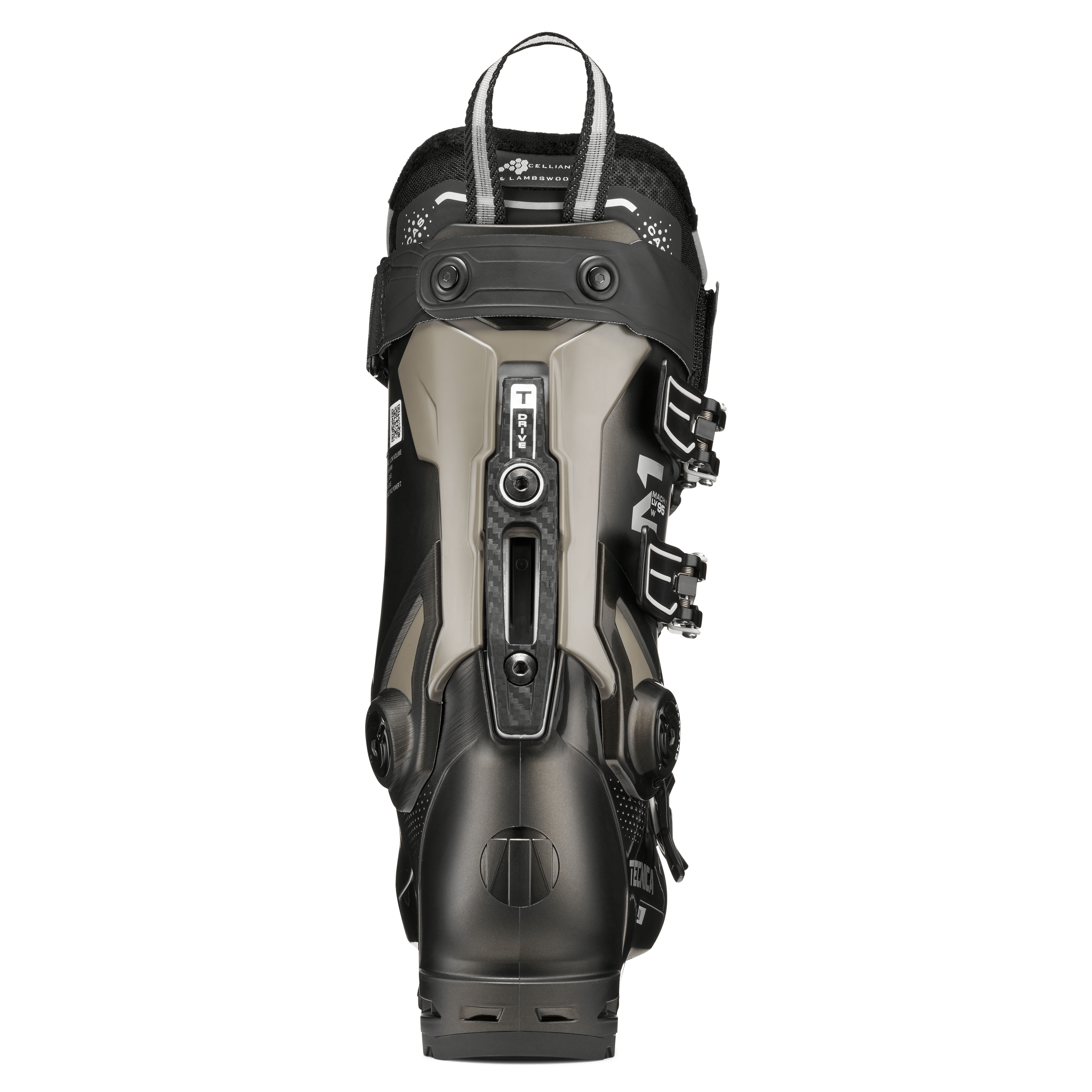Black ski boot with light-gray side panel accents and rear tech details, Tecnica LV