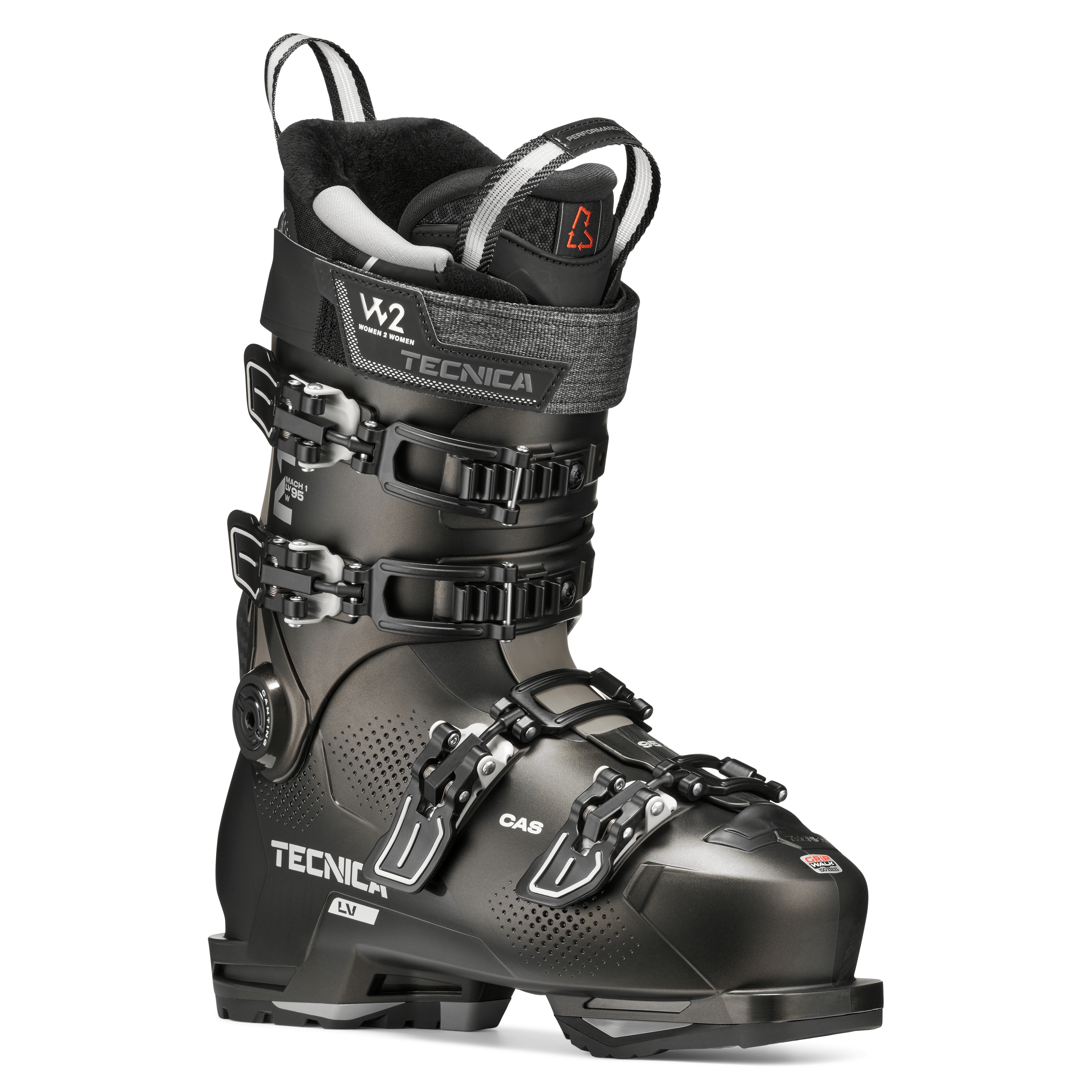 Black ski boot showing open padded collar and 4-buckle front, Tecnica LV