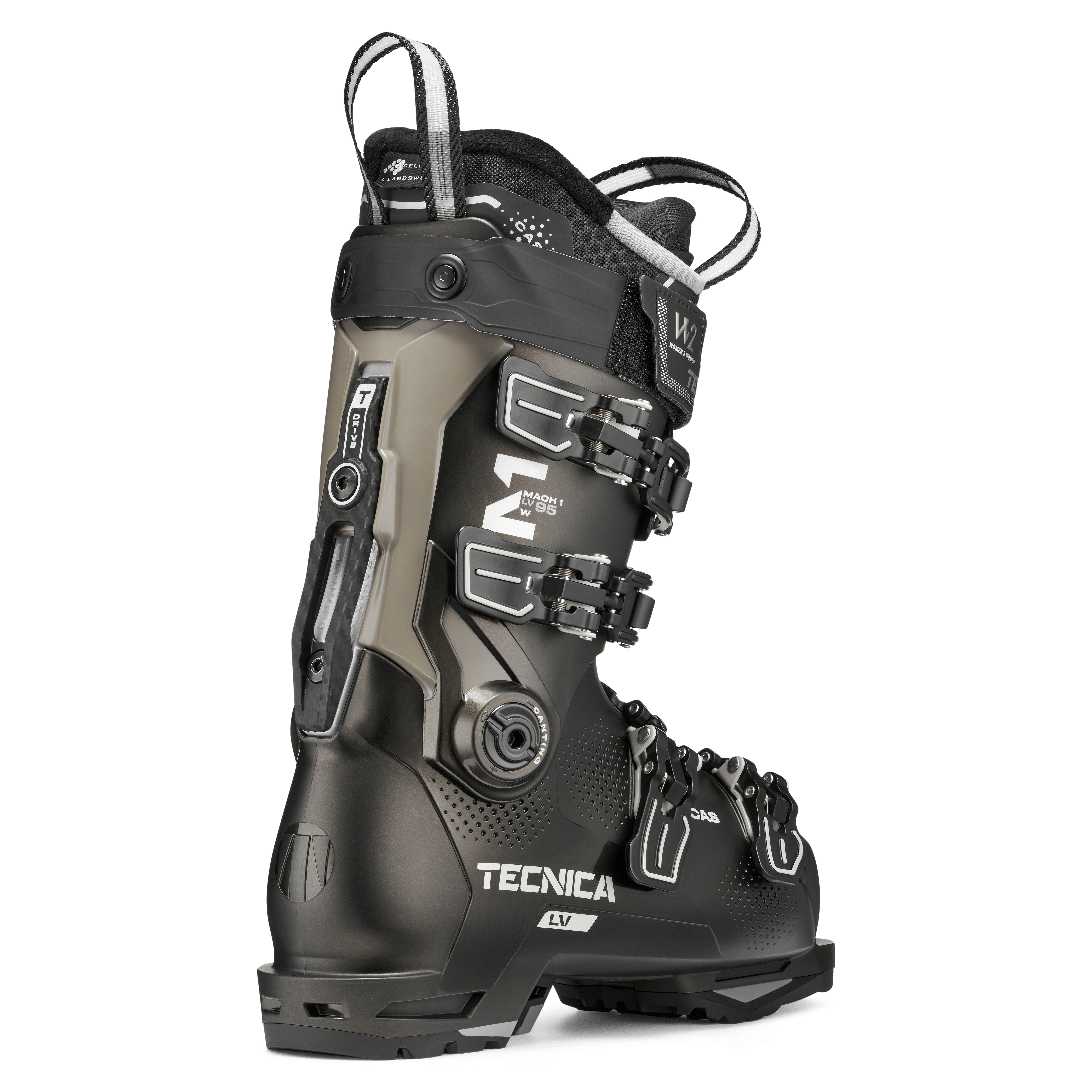 Black ski boot with gray inserts, 4 buckles, and CAS-style strap, Tecnica LV