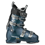 Tecnica Mach1 ski boot in teal blue with four metal buckles and gray cuff strap