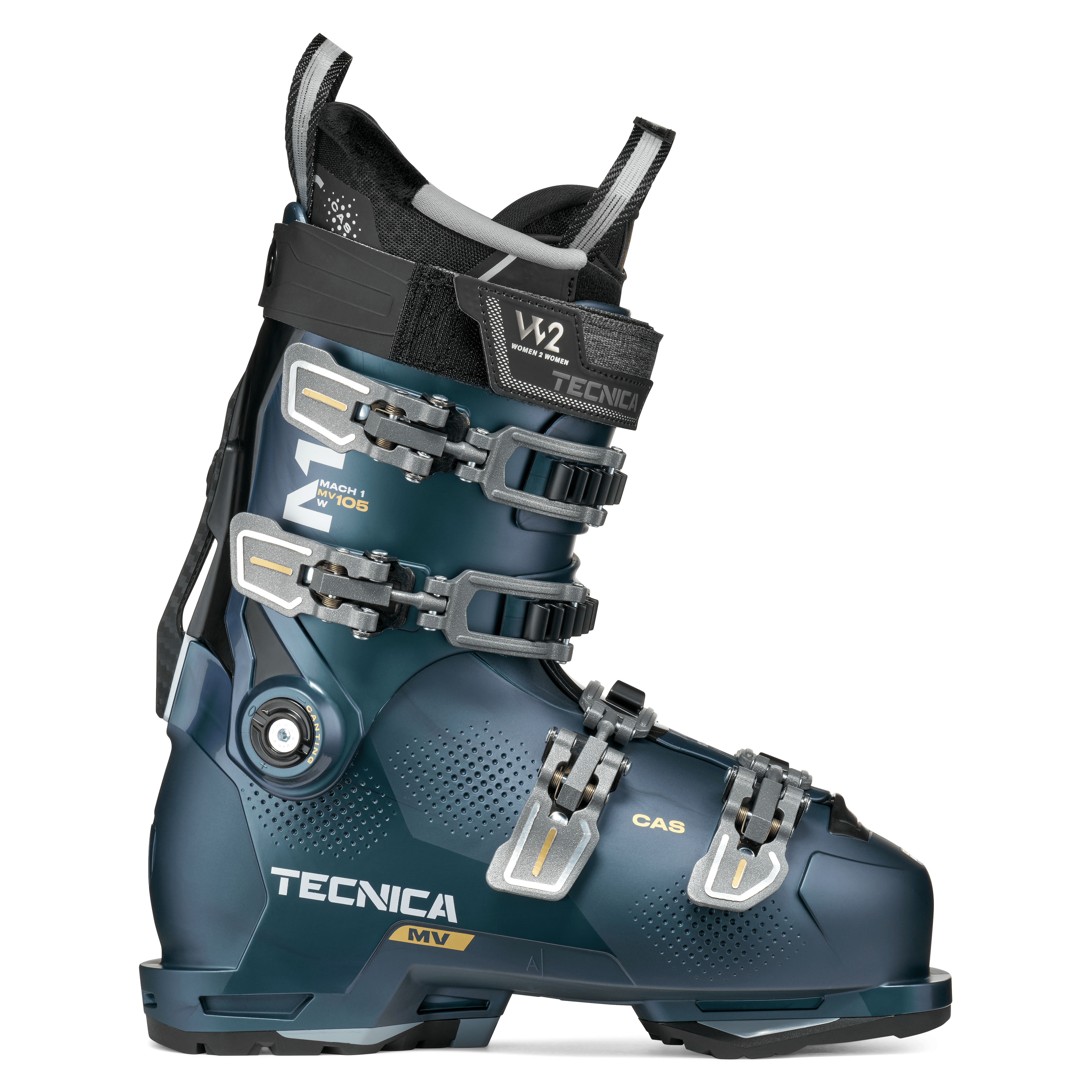 Tecnica Mach1 ski boot in teal blue with four metal buckles and gray cuff strap