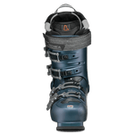 Tecnica Mach1 ski boot rear view in teal blue with padded black cuff and strap