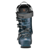 Tecnica Mach1 ski boot rear view in teal blue with padded black cuff and strap