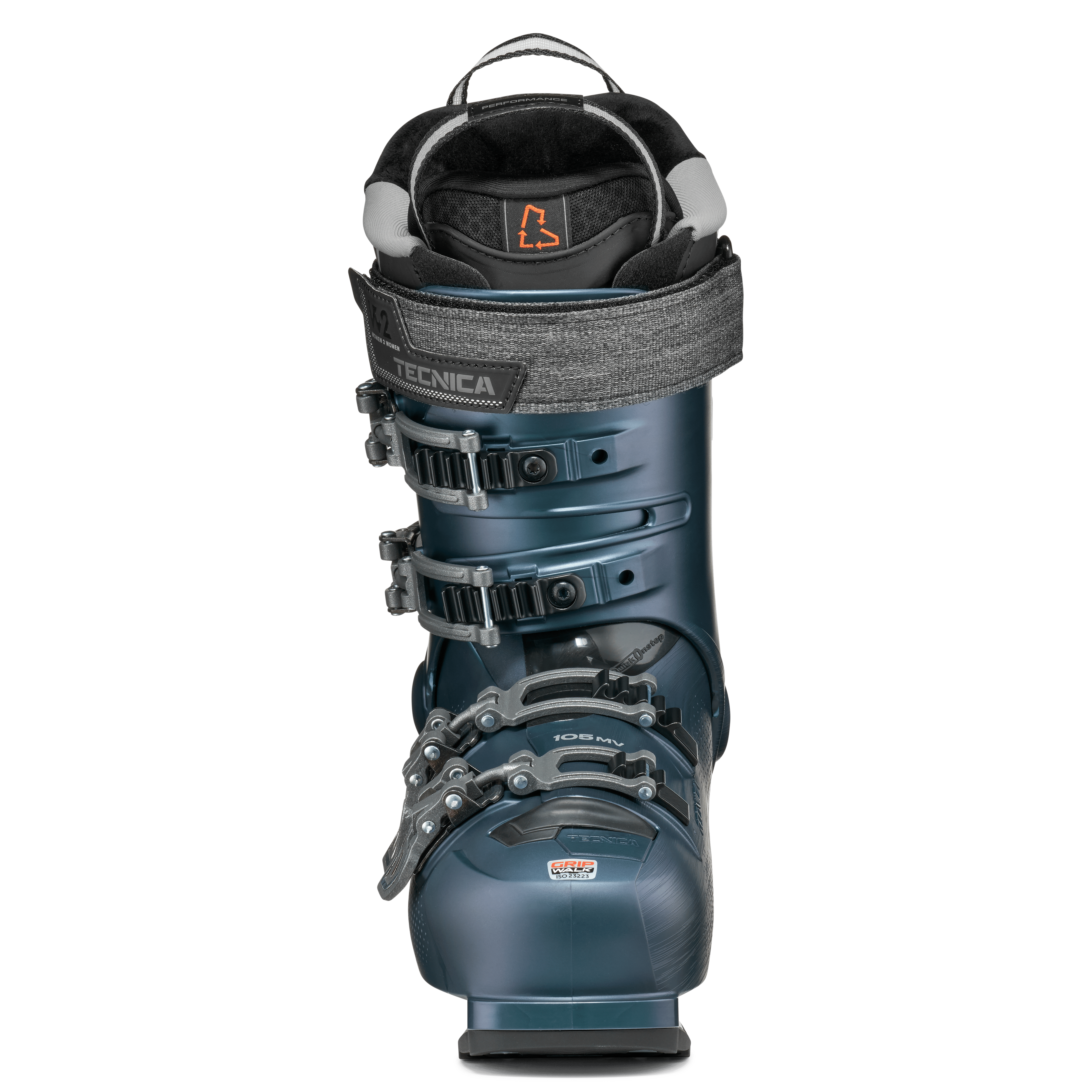 Tecnica Mach1 ski boot rear view in teal blue with padded black cuff and strap