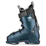 Tecnica Mach1 ski boot side view in teal blue with front buckles and CAS details