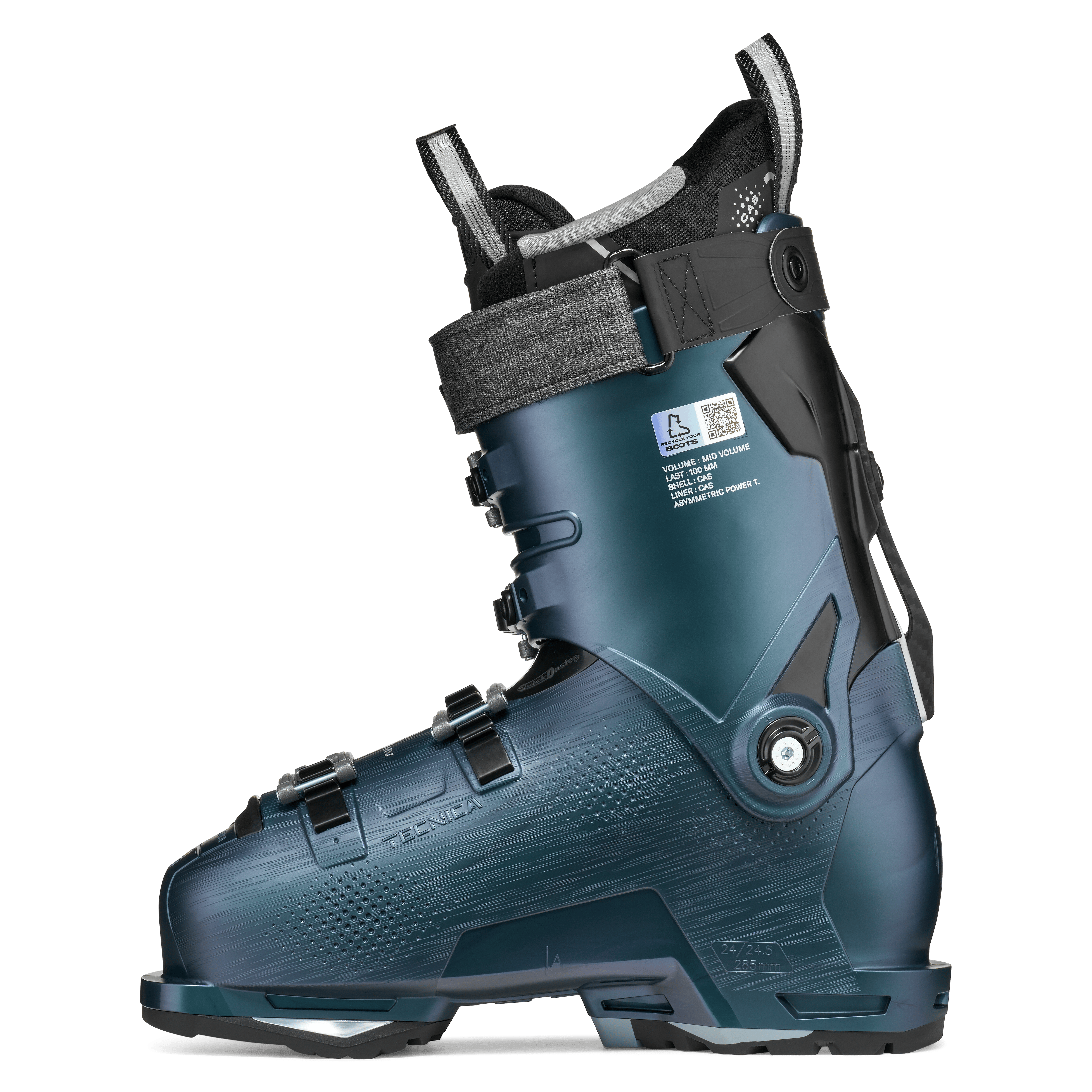 Tecnica Mach1 ski boot side view in teal blue with front buckles and CAS details
