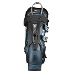 Tecnica Mach1 ski boot front view in teal blue with adjustable buckles and top strap