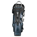 Tecnica Mach1 ski boot front view in teal blue with adjustable buckles and top strap