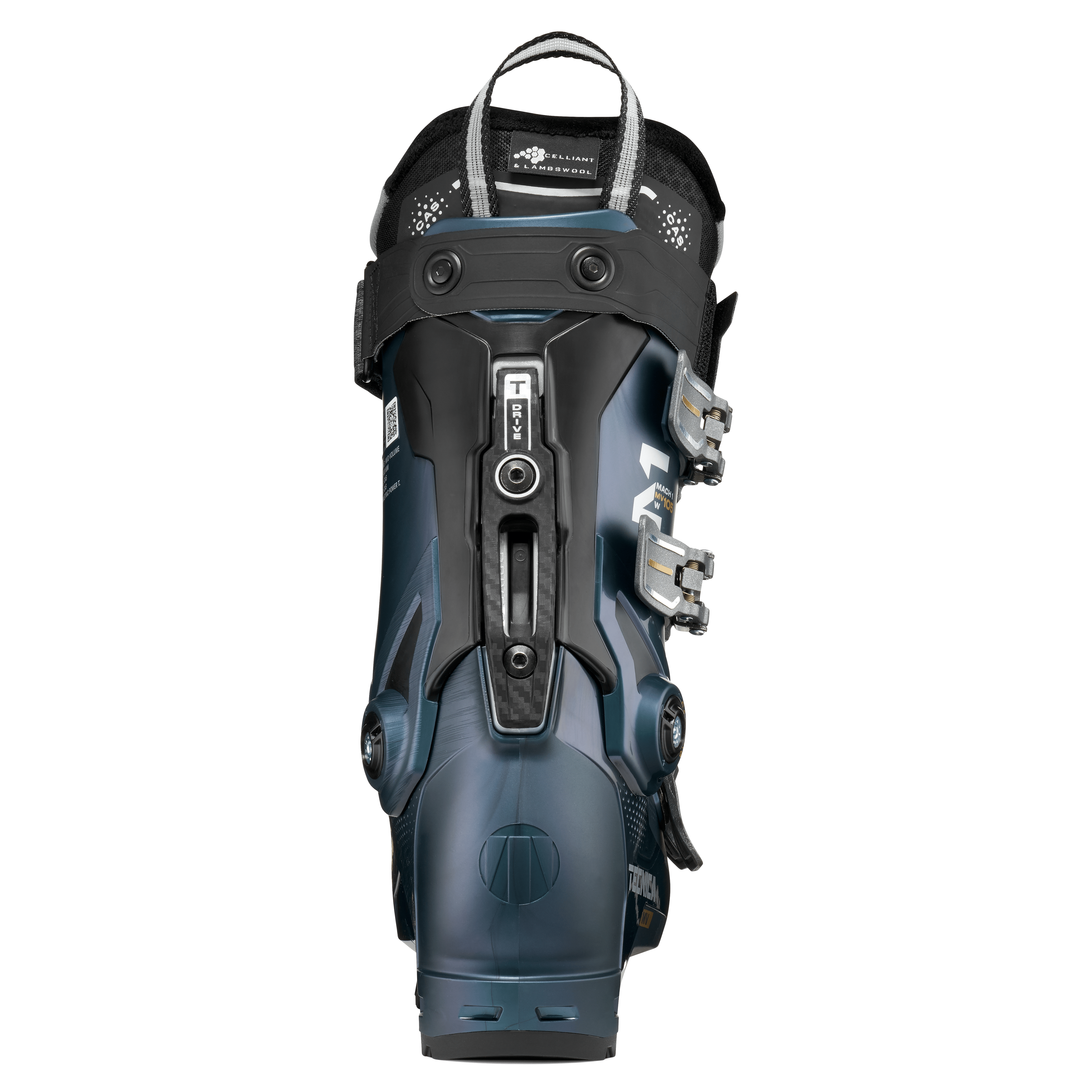 Tecnica Mach1 ski boot front view in teal blue with adjustable buckles and top strap