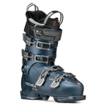 Tecnica Mach1 ski boot angled view in teal blue with gray W2 cuff and CAS hardware