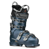 Tecnica Mach1 ski boot angled view in teal blue with gray W2 cuff and CAS hardware