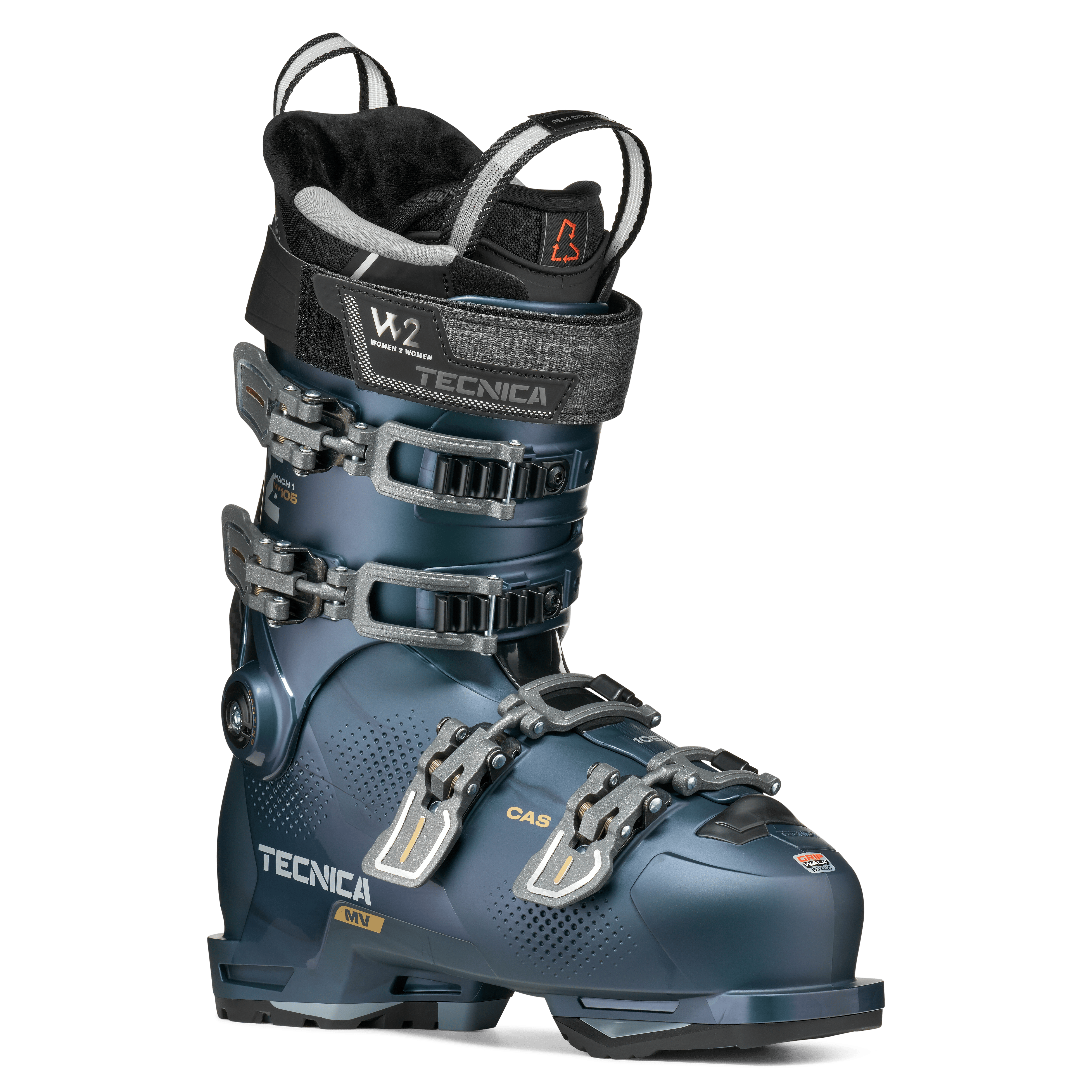 Tecnica Mach1 ski boot angled view in teal blue with gray W2 cuff and CAS hardware