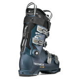 Tecnica Mach1 ski boot side view in teal blue with buckles and adjustable shell lever