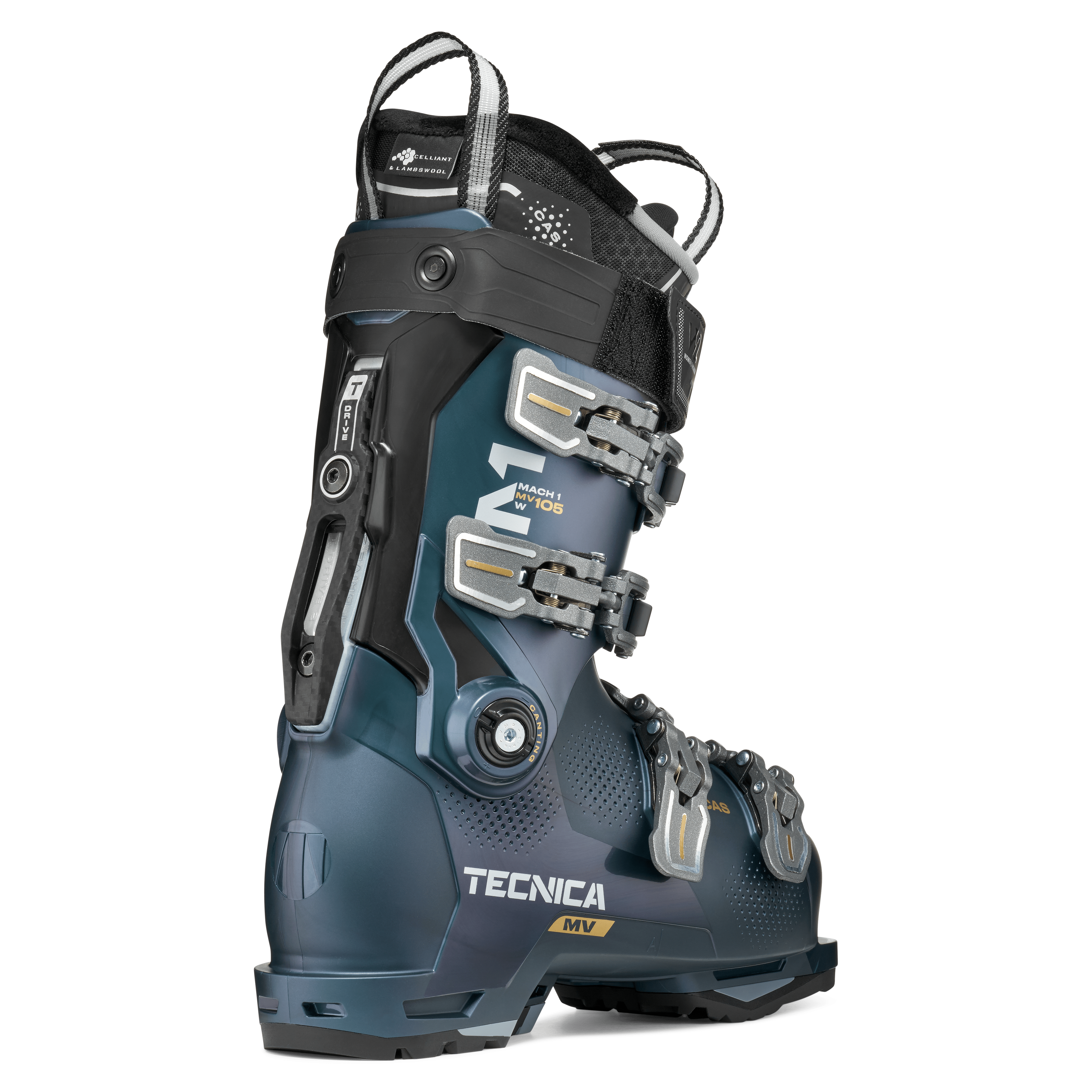 Tecnica Mach1 ski boot side view in teal blue with buckles and adjustable shell lever