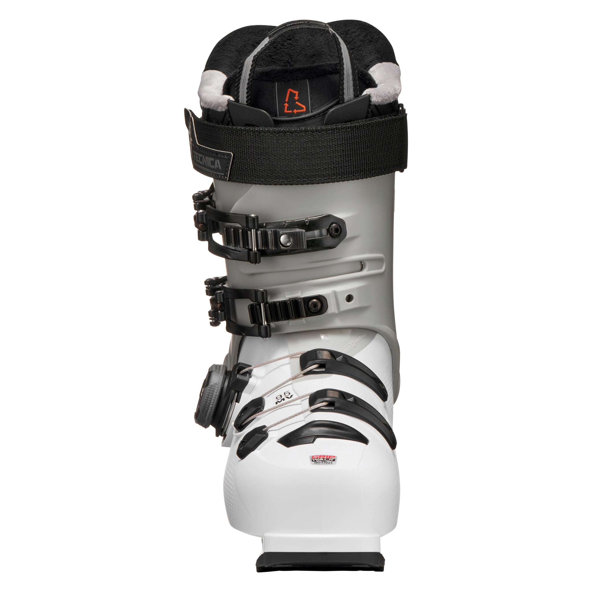Tecnica Women's Mach BOA MV 95 Boot 2026 - A white ski boot with black buckles and a black strap, featuring a black and white sole and a black and white heel.