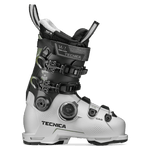 Gray and white ski boot with BOA dial and three black buckles