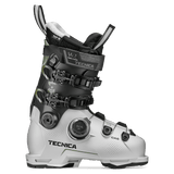 Gray and white ski boot with BOA dial and three black buckles