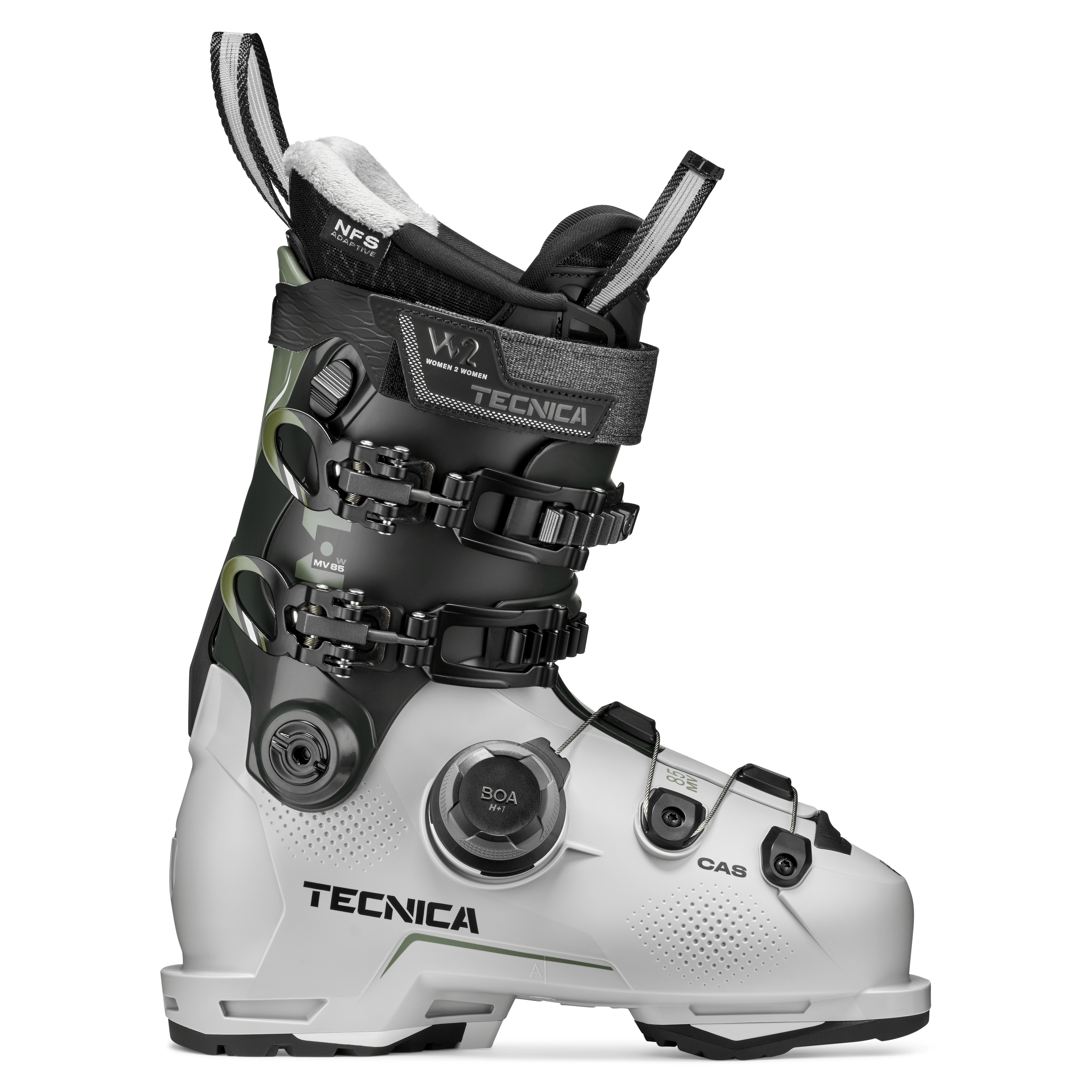 Gray and white ski boot with BOA dial and three black buckles