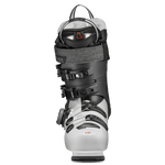 Black and white ski boot heel view with straps and BOA-style dial