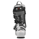 Black and white ski boot heel view with straps and BOA-style dial