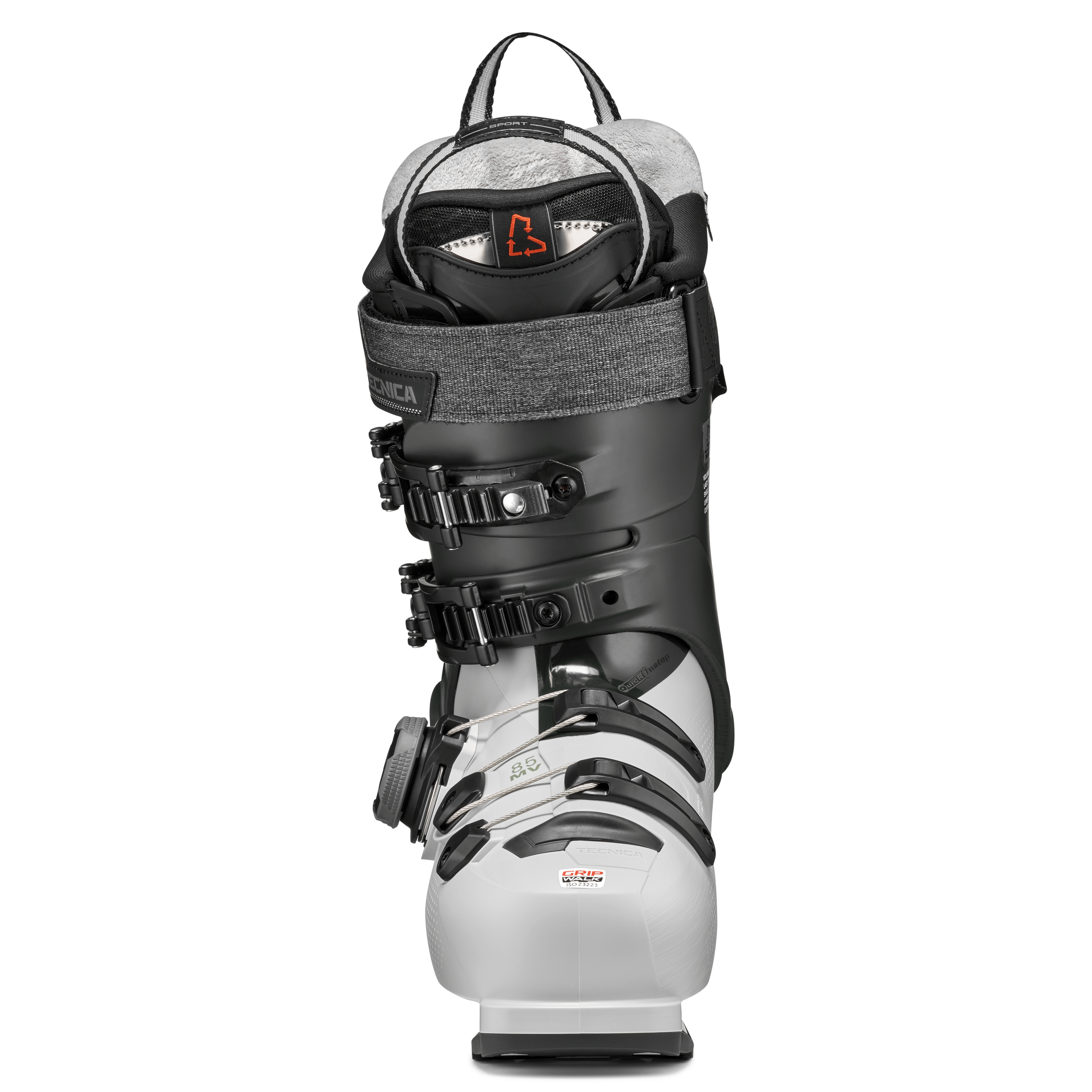 Black and white ski boot heel view with straps and BOA-style dial