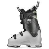 White and black ski boot side with cuff strap and adjustable buckles
