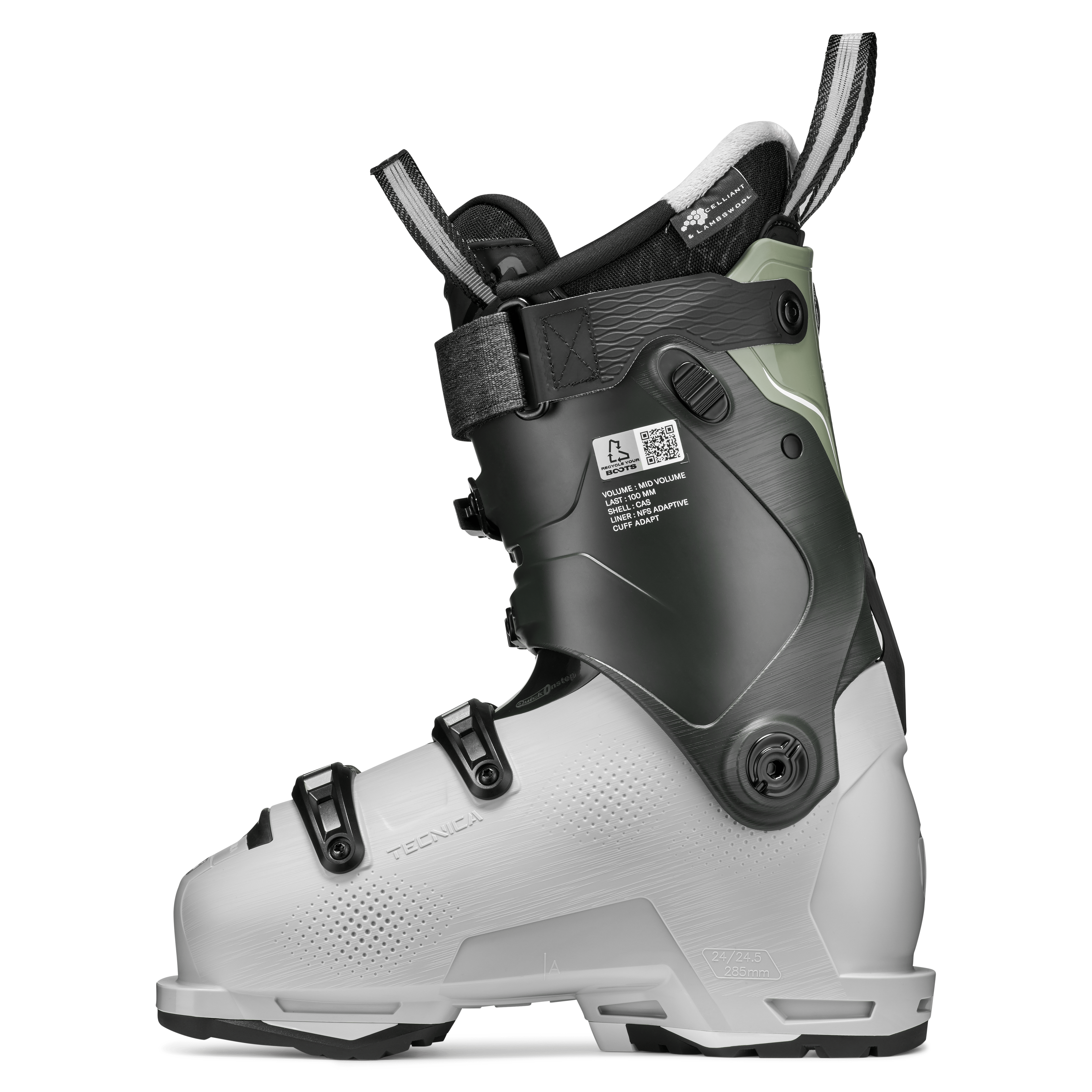 White and black ski boot side with cuff strap and adjustable buckles