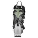 Gray and white ski boot rear/side view with adjustable buckles