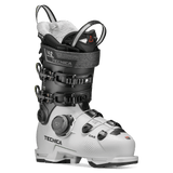 Gray and black ski boot with padded collar, BOA dial, and three buckles