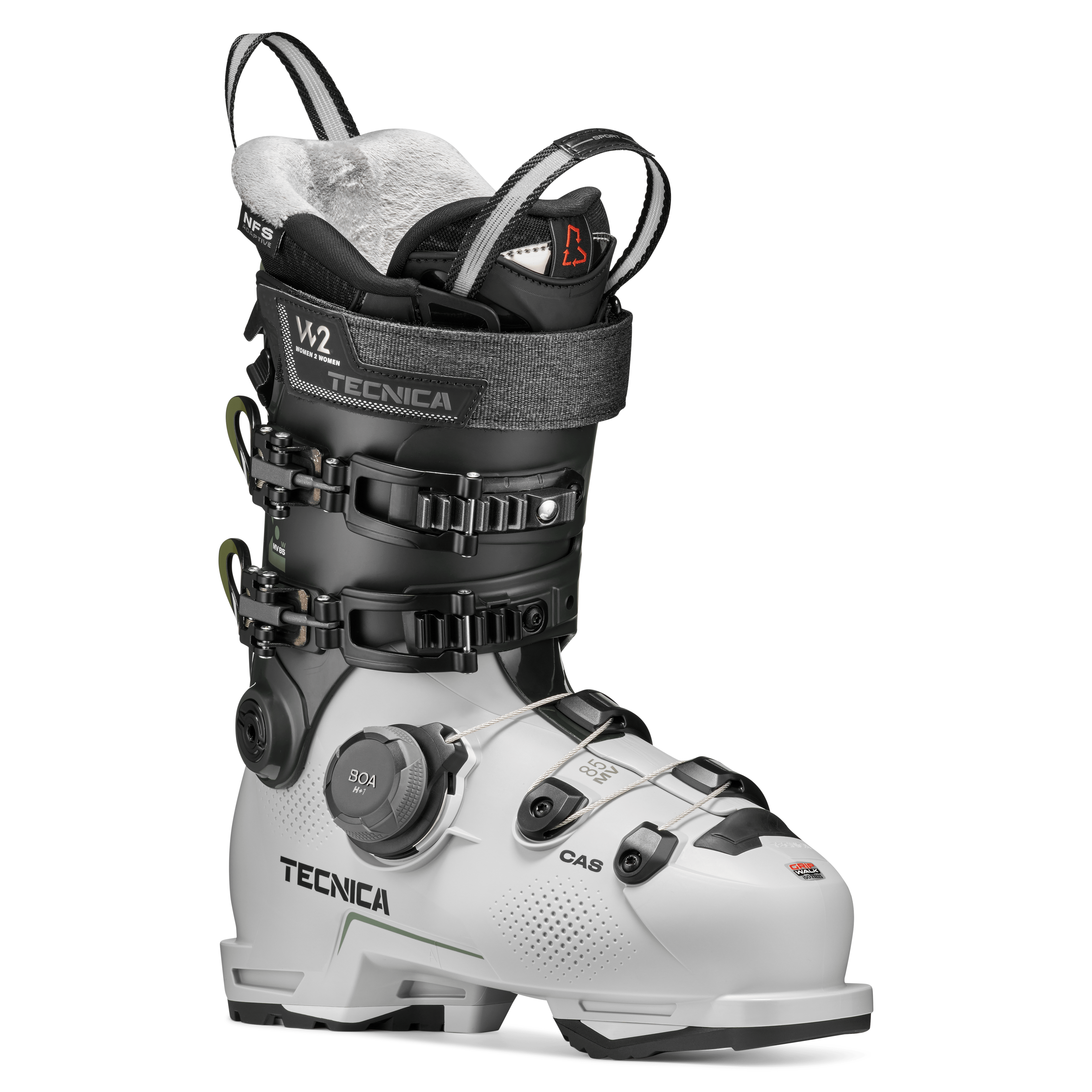 Gray and black ski boot with padded collar, BOA dial, and three buckles
