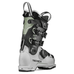 Gray and white ski boot front/side view with BOA dial and metal buckles