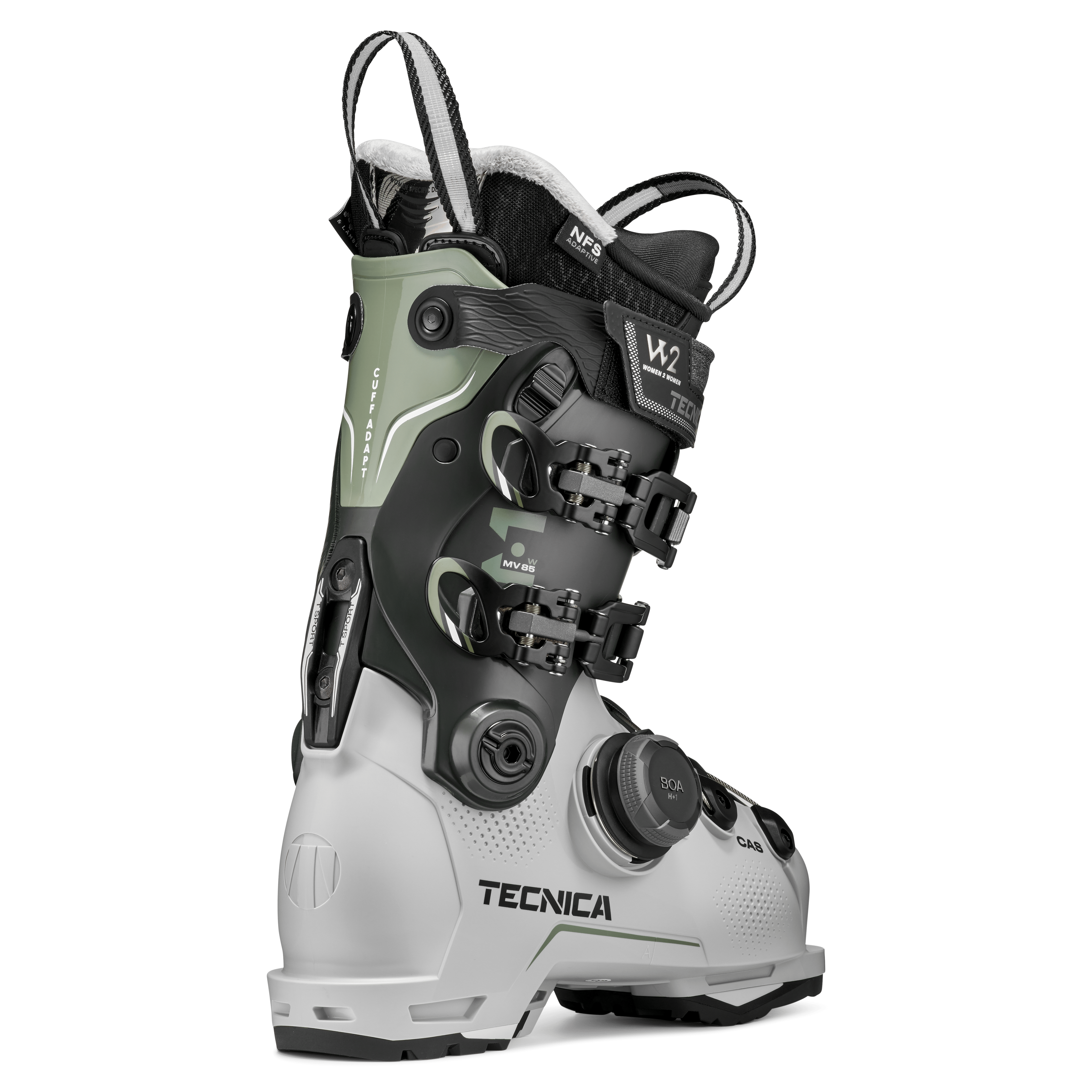 Gray and white ski boot front/side view with BOA dial and metal buckles