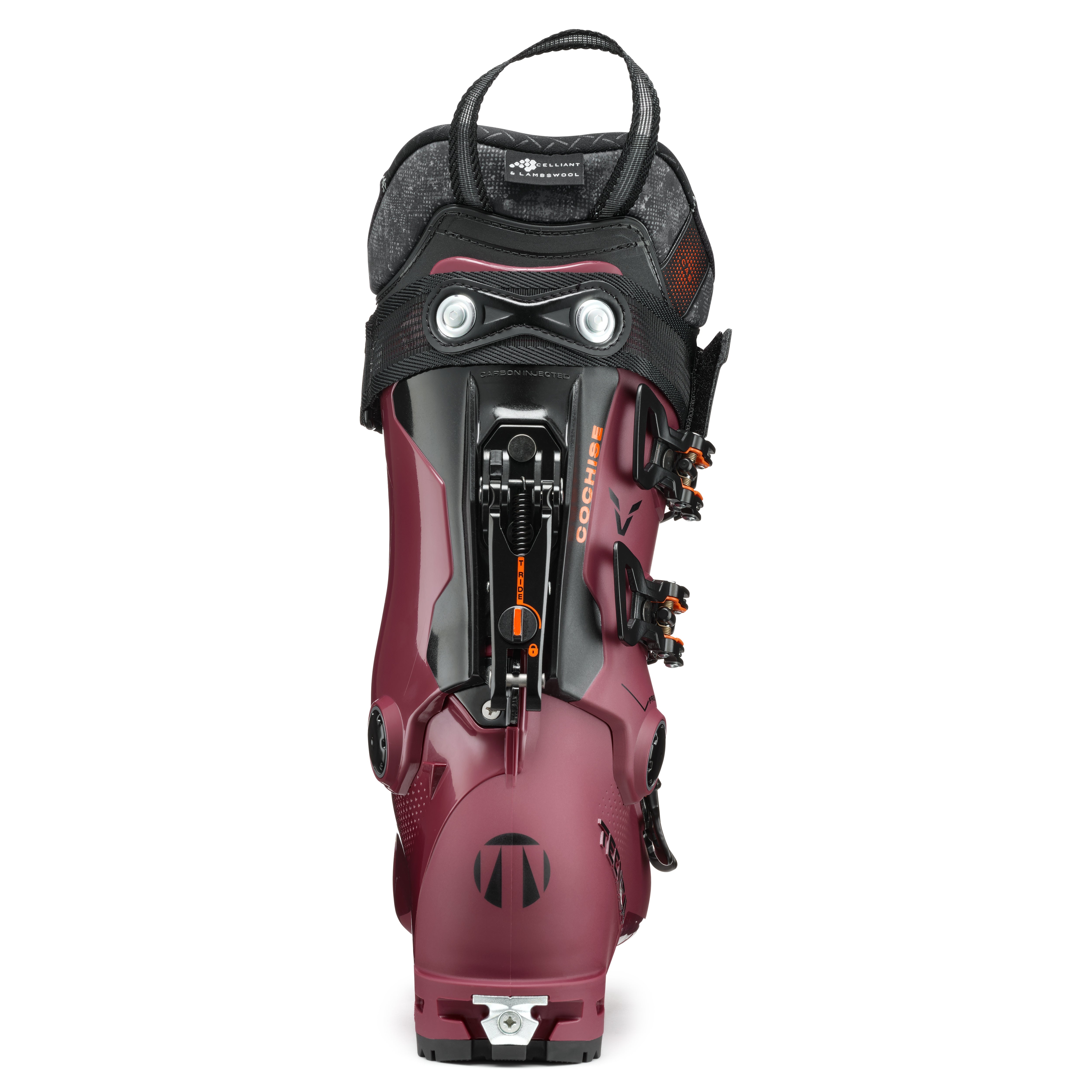 Tecnica Women's Cochise 105 W Ski Boots 2025 - A black and pink ski boot with a distinctive orange logo on the side, featuring a sleek design with a prominent "COCHISE" label.
