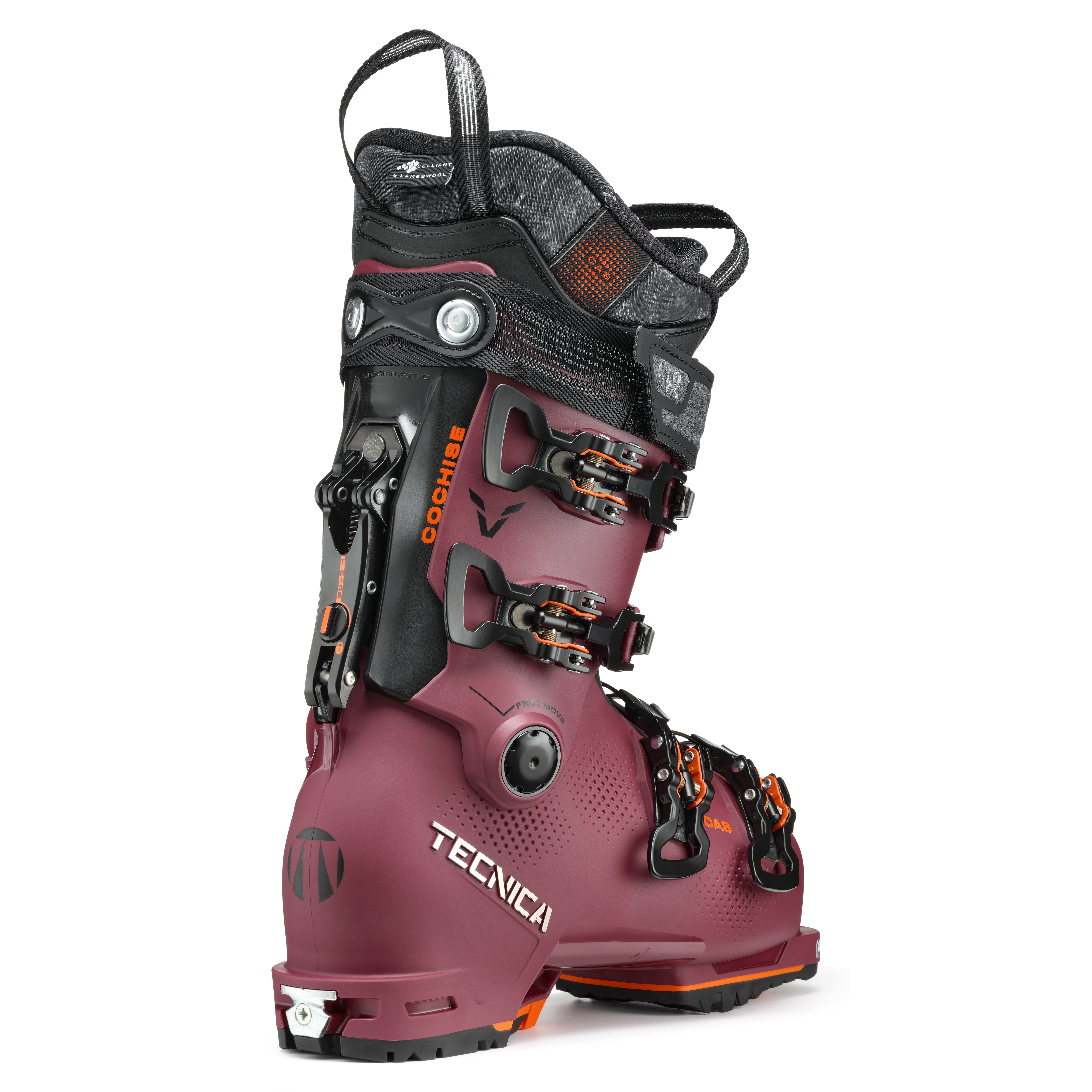 Tecnica Women's Cochise 105 W Ski Boots 2025 - A pair of maroon ski boots with black buckles and straps, featuring a textured pattern on the toe cap.