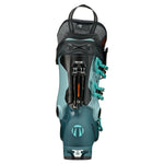 Tecnica Women's Cochise 105 Ski Boot 2026 - A women's ski boot with a predominantly black upper section, featuring a light blue-green accent color on the tongue and a light blue-green logo on the heel. The boot has a black strap with a light blue-green buckle and a black and light blue-green tongue. The boot is shown from the back, with the heel facing the camera.