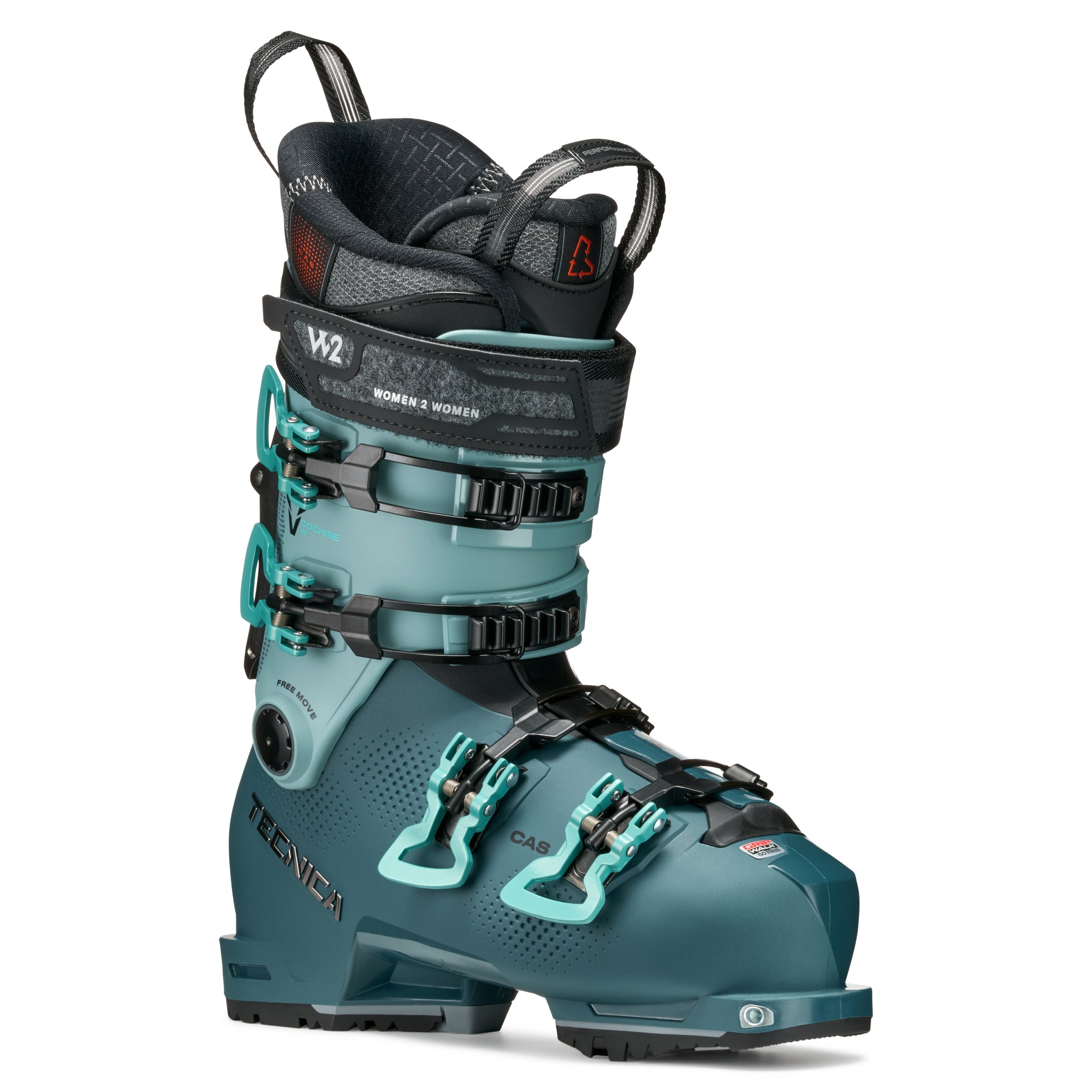 Tecnica Women's Cochise 105 Ski Boot 2026 - A women's ski boot with a teal and black color scheme, featuring a sleek and modern design. The boot has a prominent Tecnica logo on the side, and the laces are neatly tucked away. The boot is set against a plain white background, suggesting it is a product image for an online retailer.
