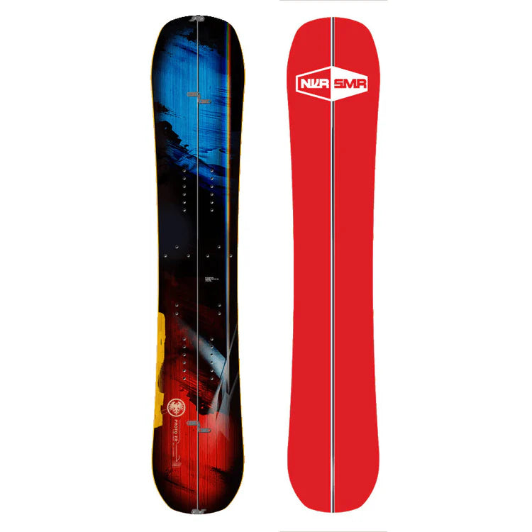 Never Summer Proto FR Split Snowboard 2022 - A blue, black and red snowboard with a white logo on top.