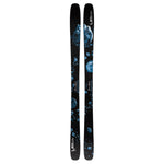 Lib Tech - UFO 95 Skis 2024 are black with a blue and white graphic of a wolf's head on top, surrounded by smaller graphics of moons and stars.