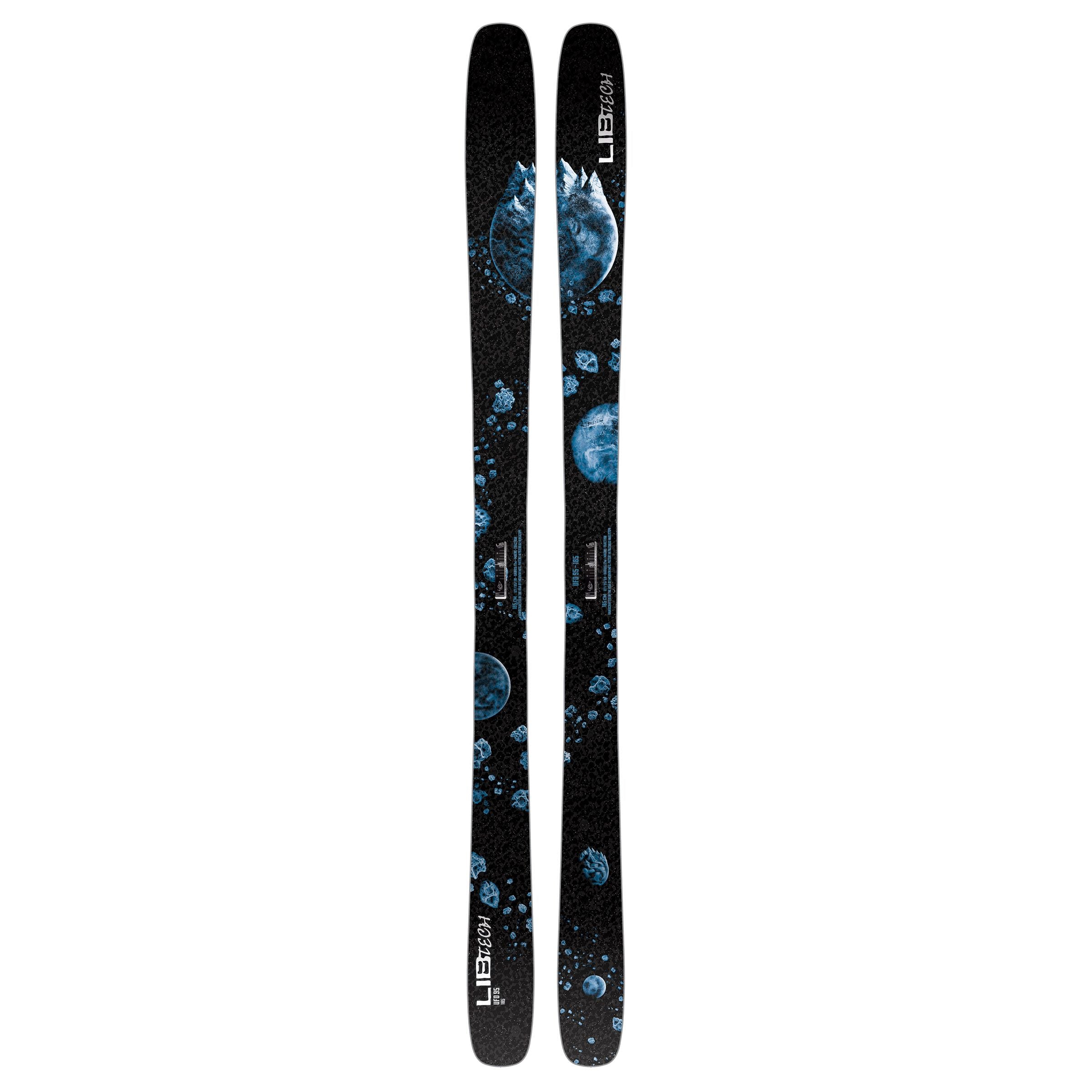 Lib Tech - UFO 95 Skis 2024 are black with a blue and white graphic of a wolf's head on top, surrounded by smaller graphics of moons and stars.