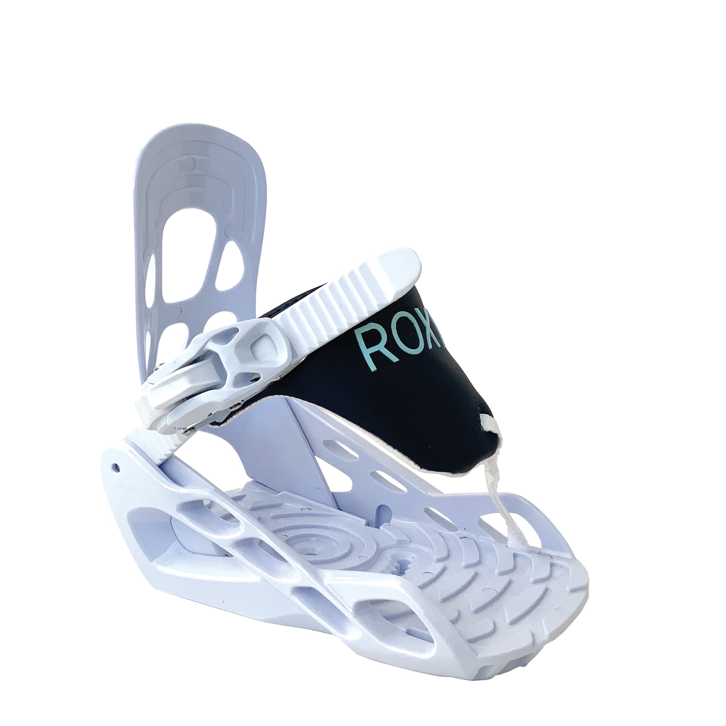 Roxy Junior's Poppy Package 2025 - A black snowboard with a white and pink design, featuring a distinctive "ROXY" logo on the top of the board.