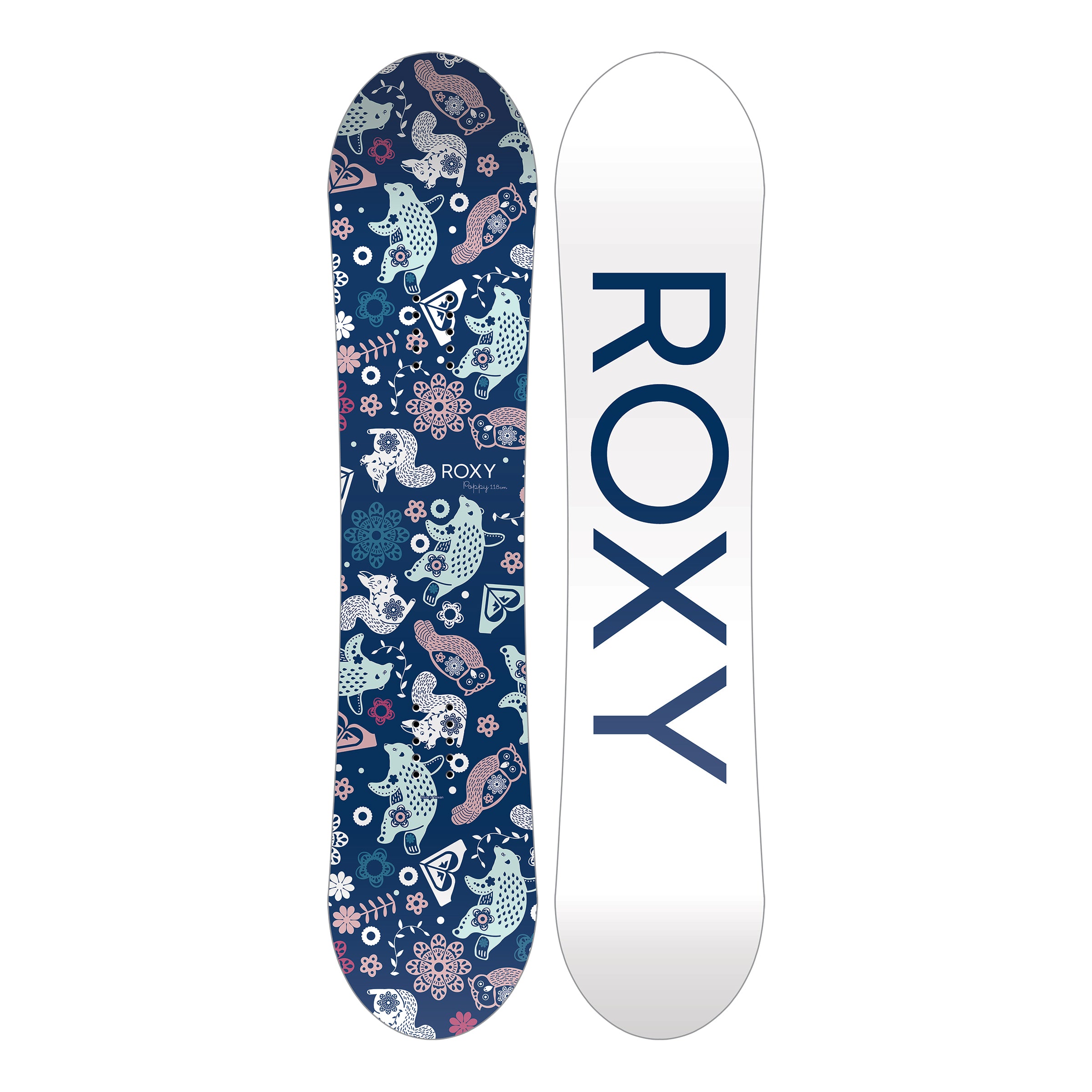 Roxy Junior's Poppy Package 2025 - A navy blue snowboard with a repeating pattern of white and pink flowers, featuring a cartoon-style illustration of a girl riding a snowboard.