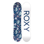 Roxy Junior's Poppy Package 2025 - A navy blue snowboard with a repeating pattern of white and pink flowers, featuring a cartoon-style illustration of a girl riding a snowboard.