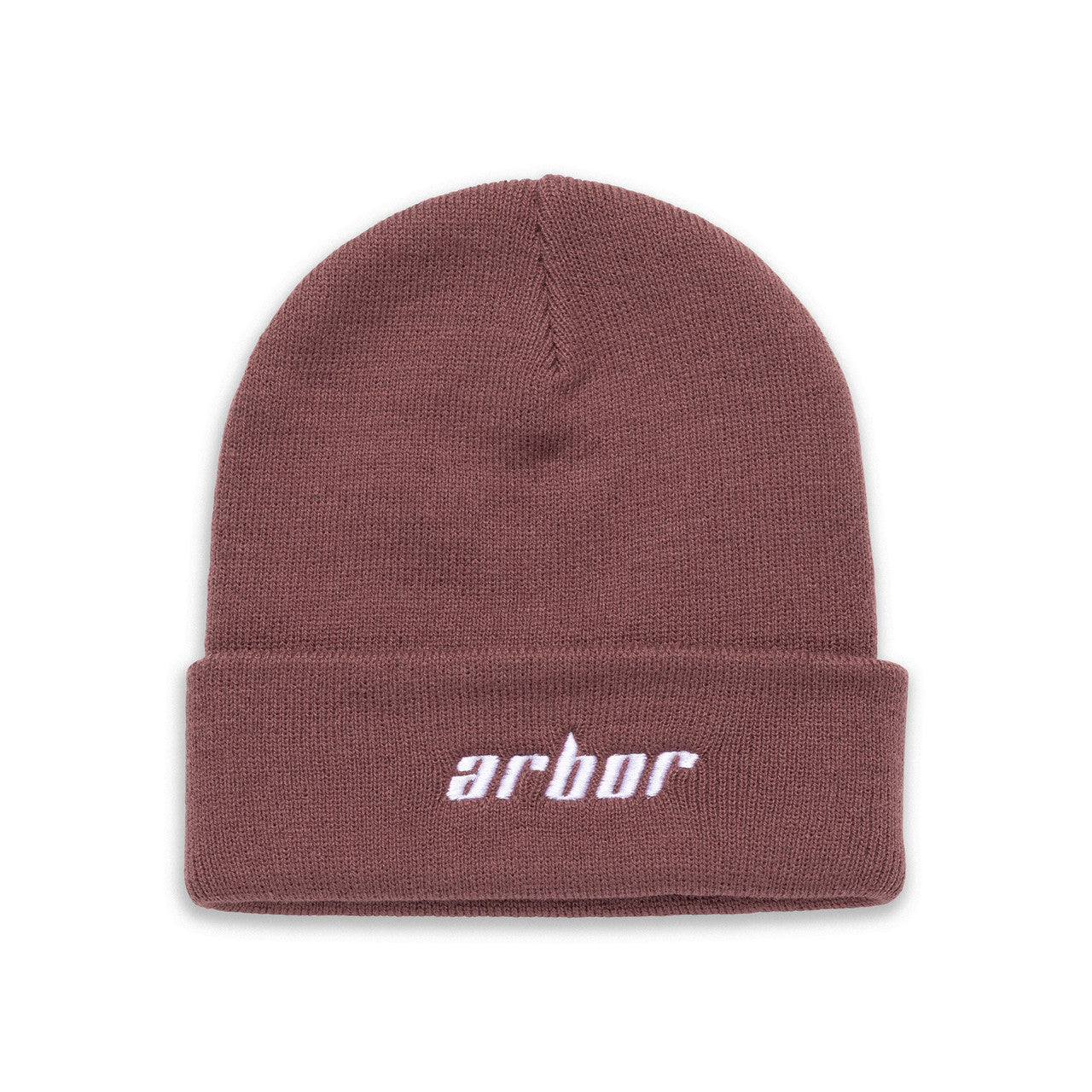Arbor Draft Beanie 2024 - A dusty rose beanie with a folded cuff and white embroidered "arbor" logo on the front.