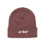 Arbor Draft Beanie 2024 - A dusty rose beanie with a folded cuff and white embroidered "arbor" logo on the front.