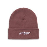 Arbor Draft Beanie 2024 - A dusty rose beanie with a folded cuff and white embroidered "arbor" logo on the front.