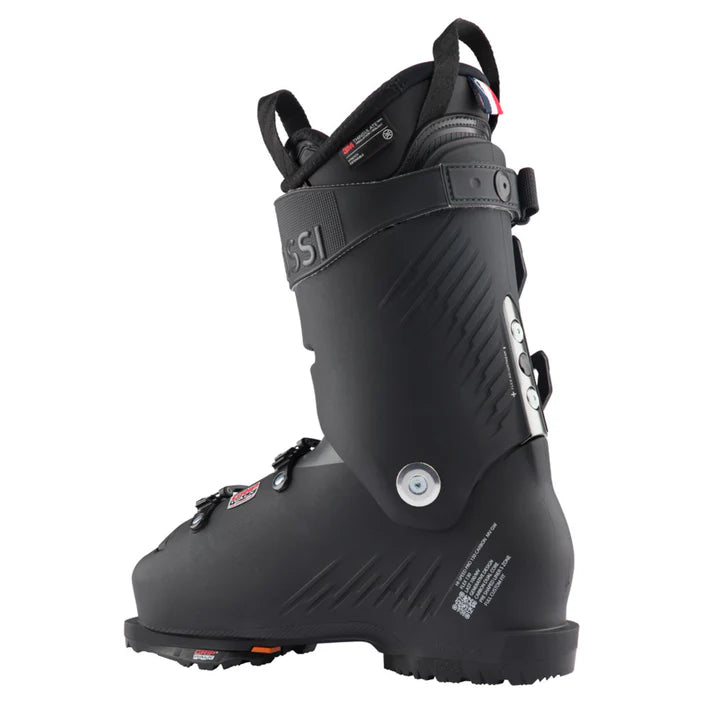 Rossignol Hi-Speed Elite Carbon 130 Ski Boots 2024 - Black ski boots with a carbon fiber overlay on the upper portion and silver buckles.