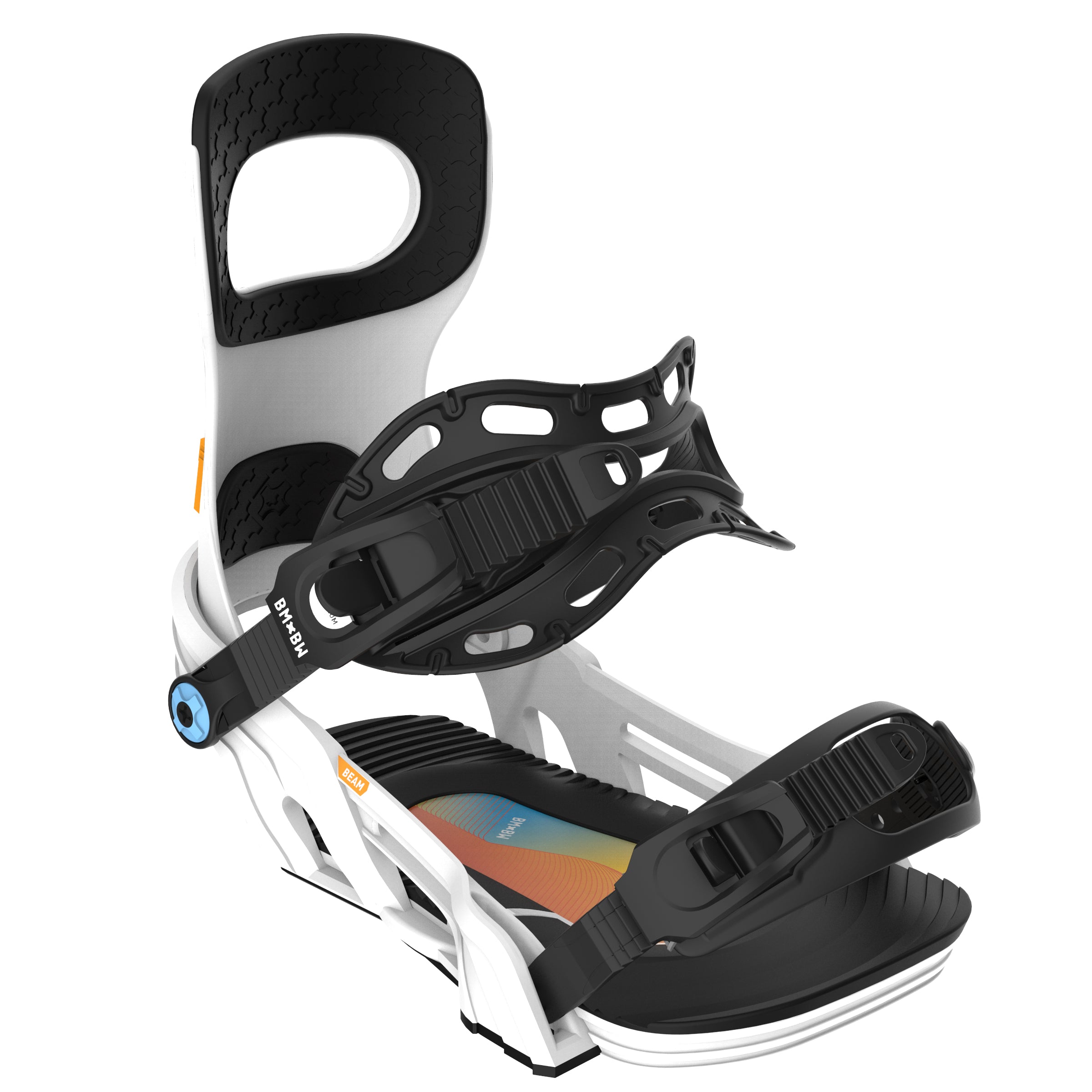Bent Metal Women's Beam Snowboard Binding - A black snowboard binding with a blue circular logo on the strap and a white "BM" logo on the baseplate.