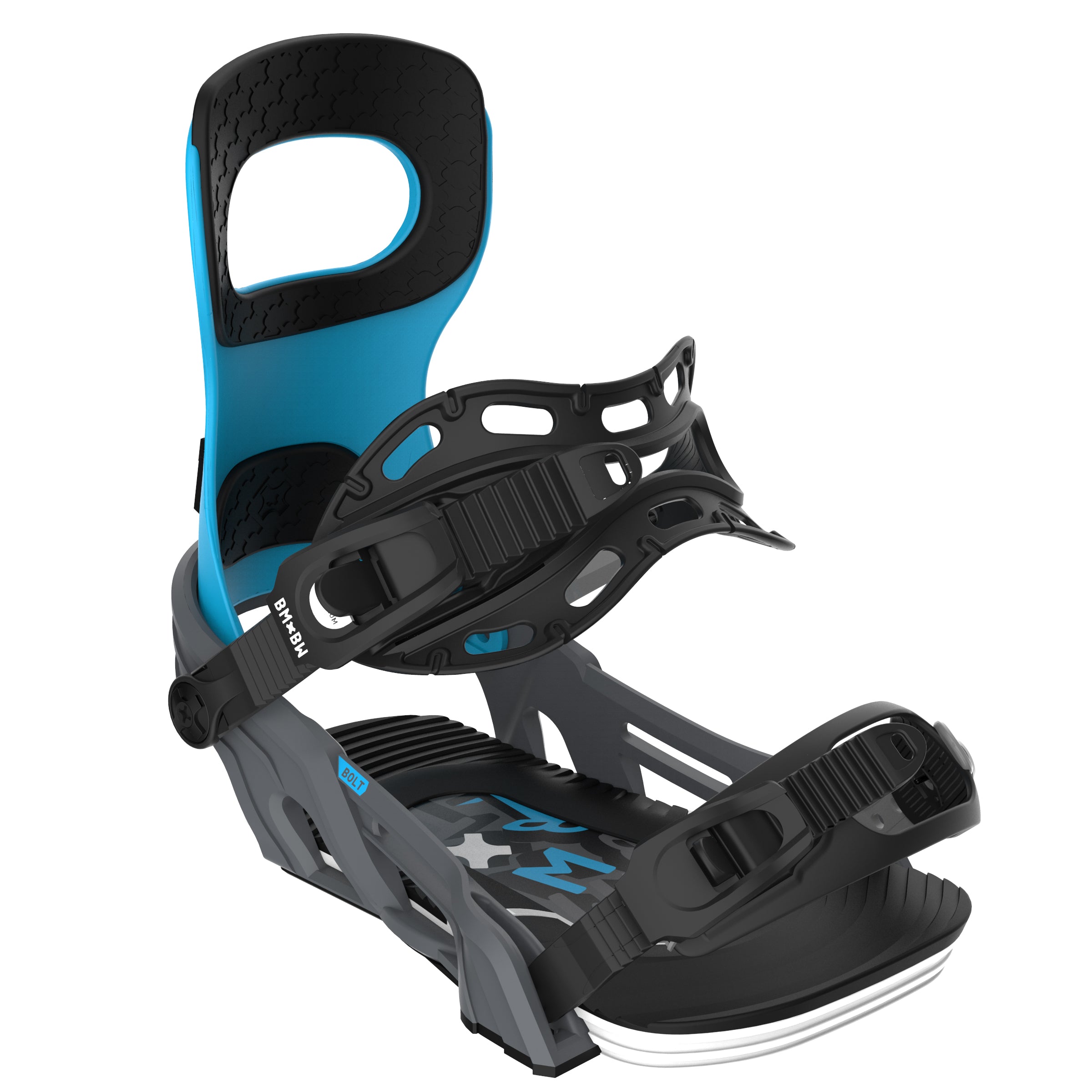 Bent Metal Bolt Snowboard Binding - A black snowboard binding with blue accents and a white bolt logo on the strap.