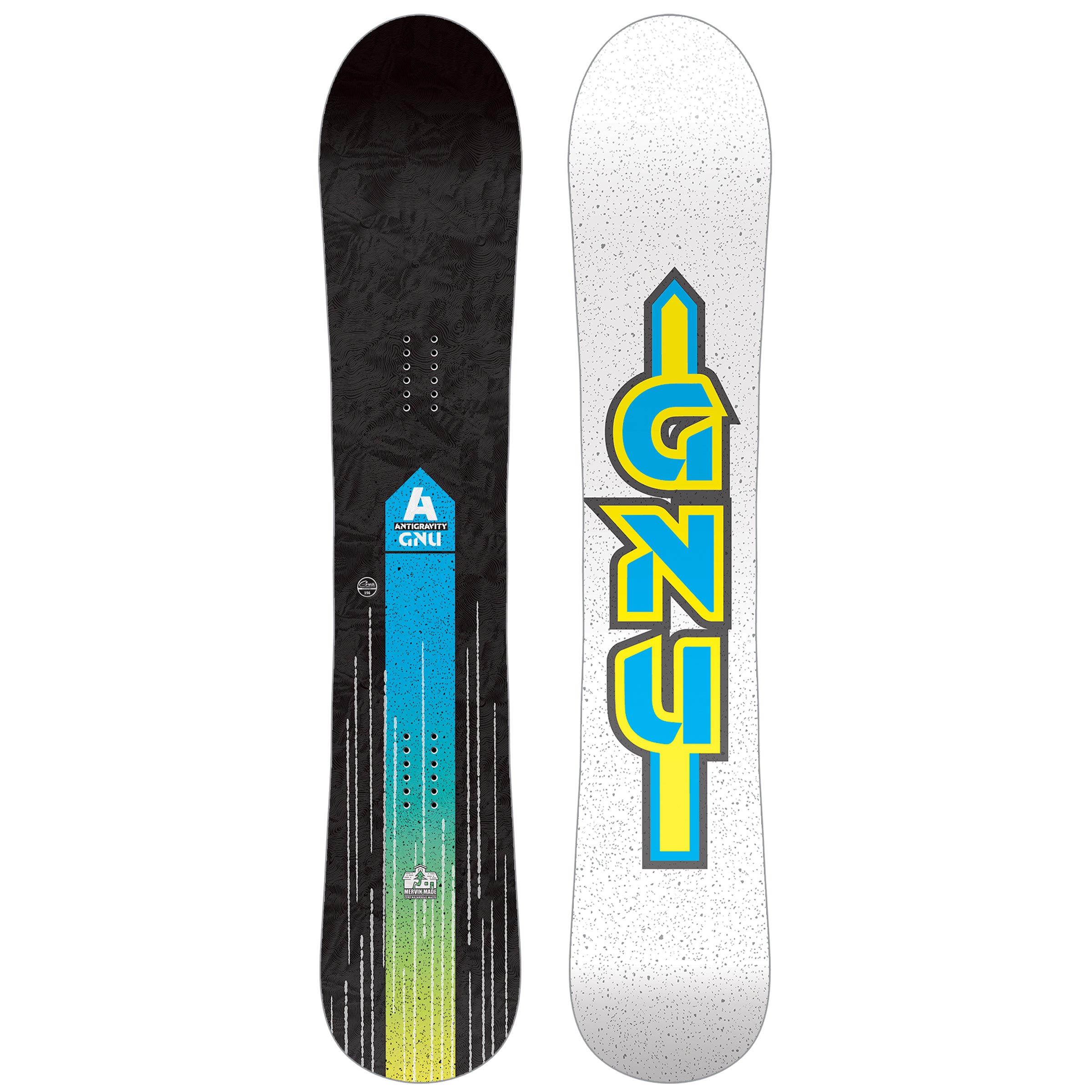 GNU Antigravity - A blue and green gradient snowboard with a white logo featuring the letters "A" and "GNU".