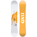 GNU Women's B-Nice Snowboard 2025 - A white snowboard with a black logo and text on top of an orange graphic featuring a woman skiing down a mountain.
